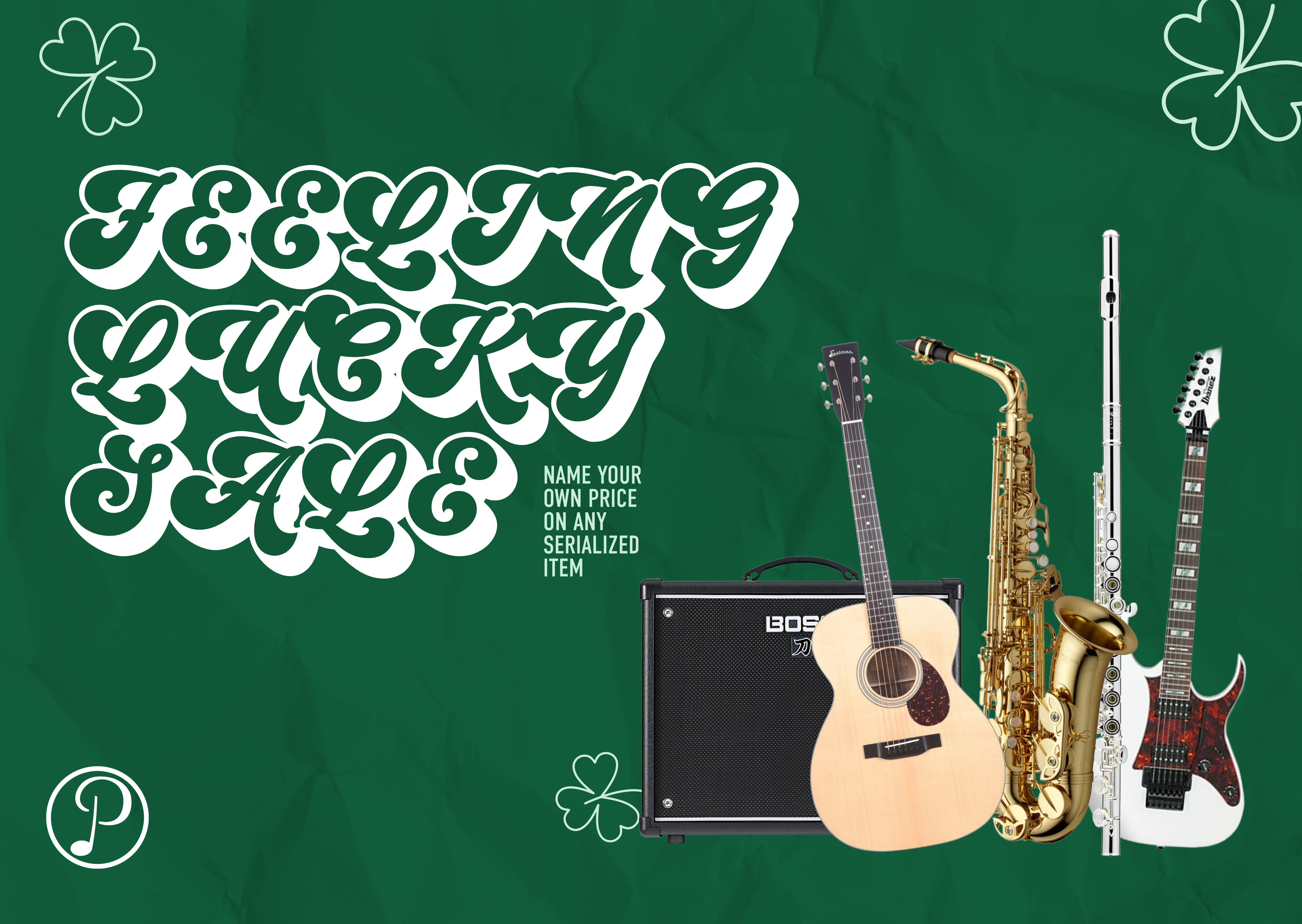 Musical instruments including a guitar, saxophone, and flute on a green background with text and a logo.