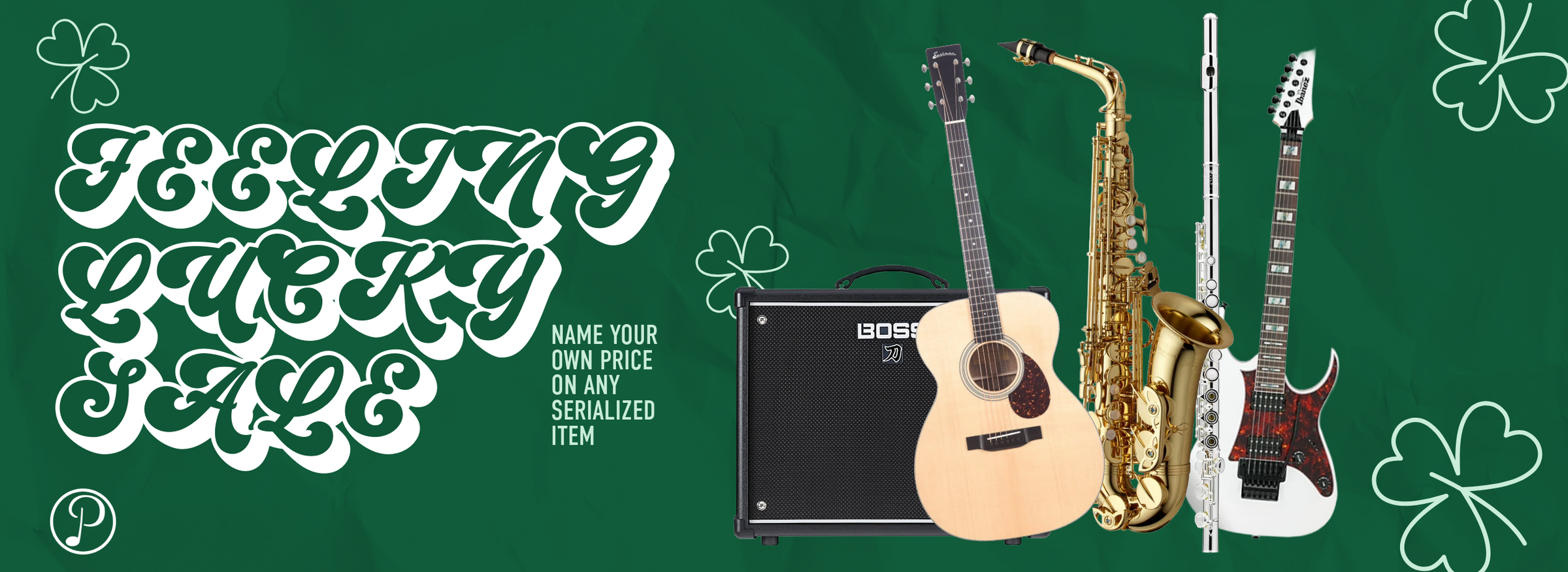 Musical instruments including a guitar, saxophone, and amplifier on a green background with text 'Feeling Lucky Sale'.