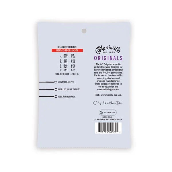 Martin MAM140 Originals Light 80/20 Bronze Acoustic Guitar Strings (12‑53)